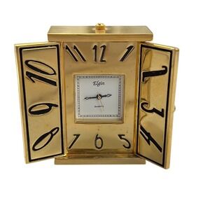Elgin Quartz Miniature Desk Clock Gold Tone Wardrobe Armoire Style Swinging Door